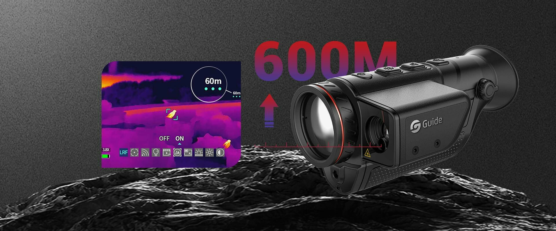 Es handelt sich hier um Aufnahme mit Wärmebildkamera Guide TD431 mit Laserentfernungsmesser für die Jagd.