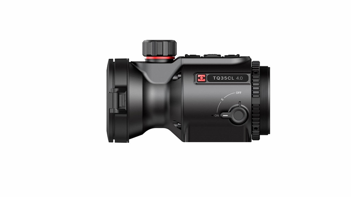 HIKMICRO Thunder TQ35CL 4.0 Waermebild Vorsatzgeraet mit LRF – Frontansicht mit 35-mm-Objektiv und integriertem Laserentfernungsmesser