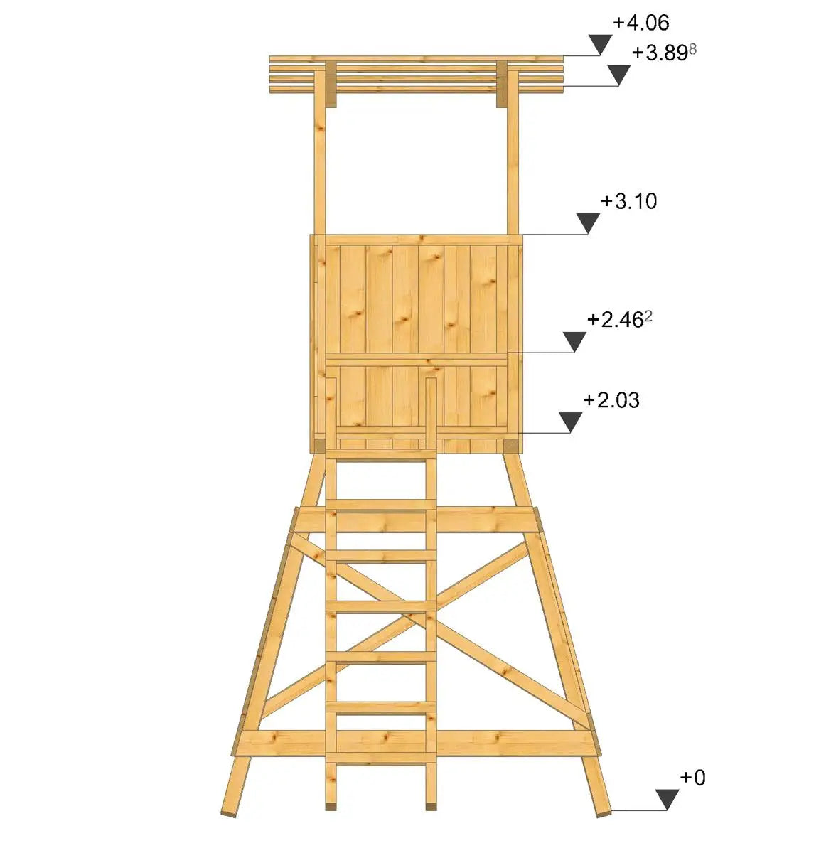 Konstruktionszeichnung der Jagdkanzel "Waidmannsheil" inkl. Bockgerüst und Leiter, Höhe 3,10 m für die Jagd, inkl. Maßangaben. Alt-Text bearbeiten