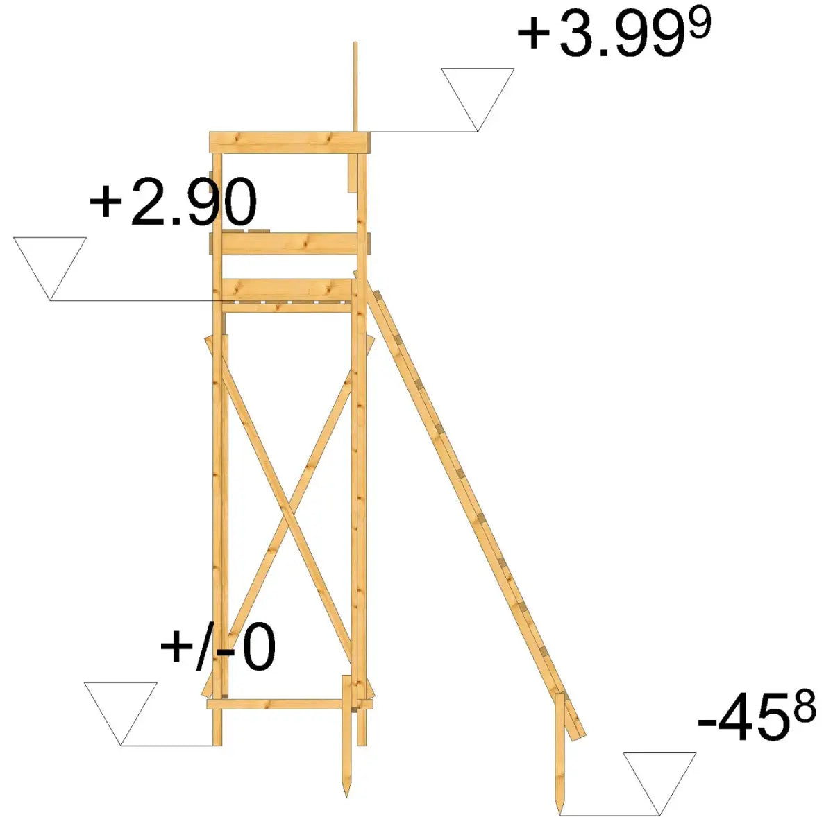 Es handelt sich hier um Drückjagdbock DB 400 cm Höhe, ohne Dach, Aufstieg schräg für die Jagd.