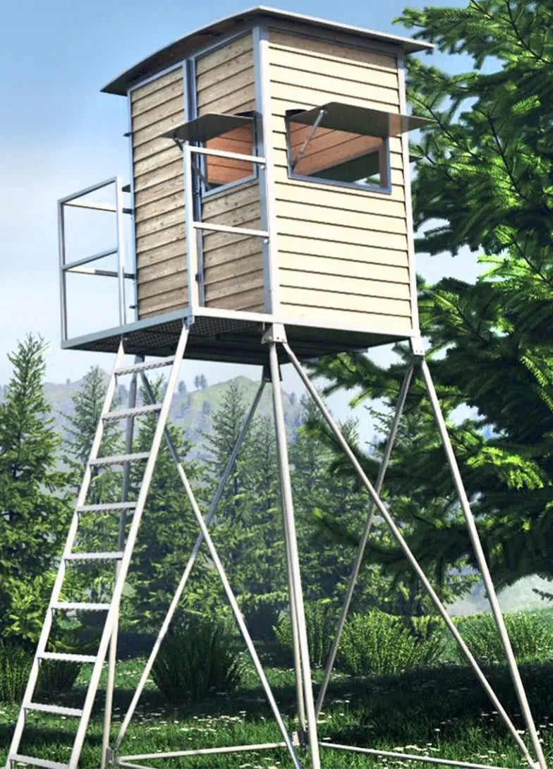 Es handelt sich hier um Kanzel 3 Meter – inkl. Unterbau, Leiter und Podest mit Geländer aus verzinktem Metall für die Jagd.