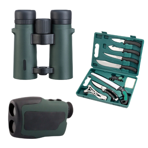 Jungjägerset PREMIUM – Pirschglas 10x42 AKAH, LRF 600 Entfernungsmesser & OUTDOOR EDGE Game Pro Zerwirkset