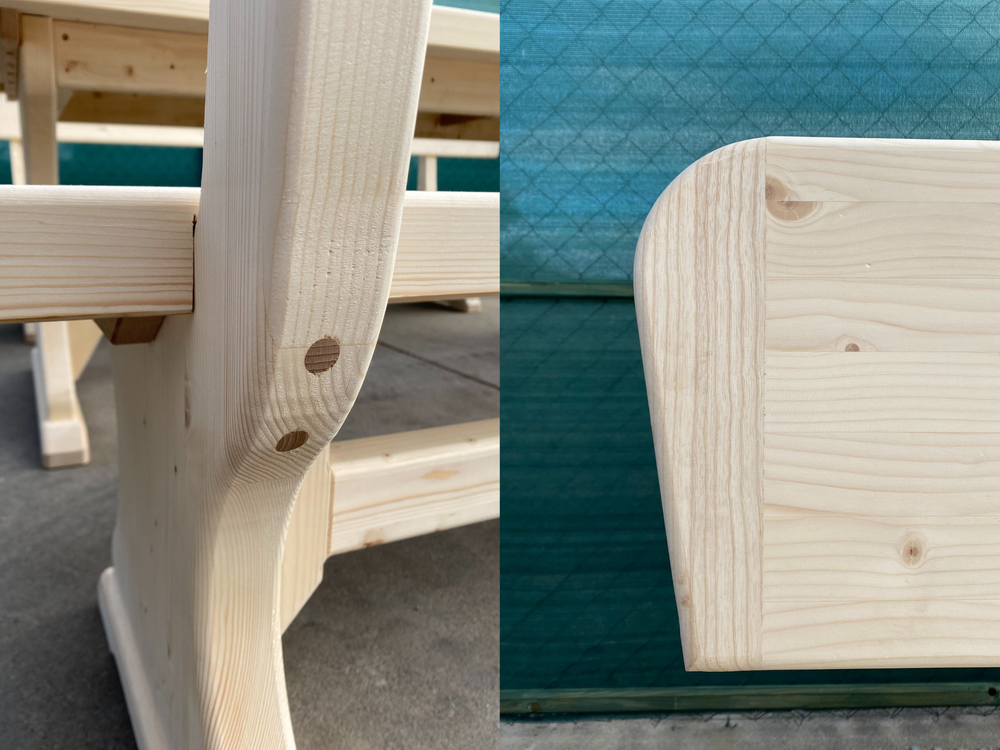 rustikale Massivholz Sitzgruppe - Nahaufnahme der Holzverbindungen - Schreinerarbeit