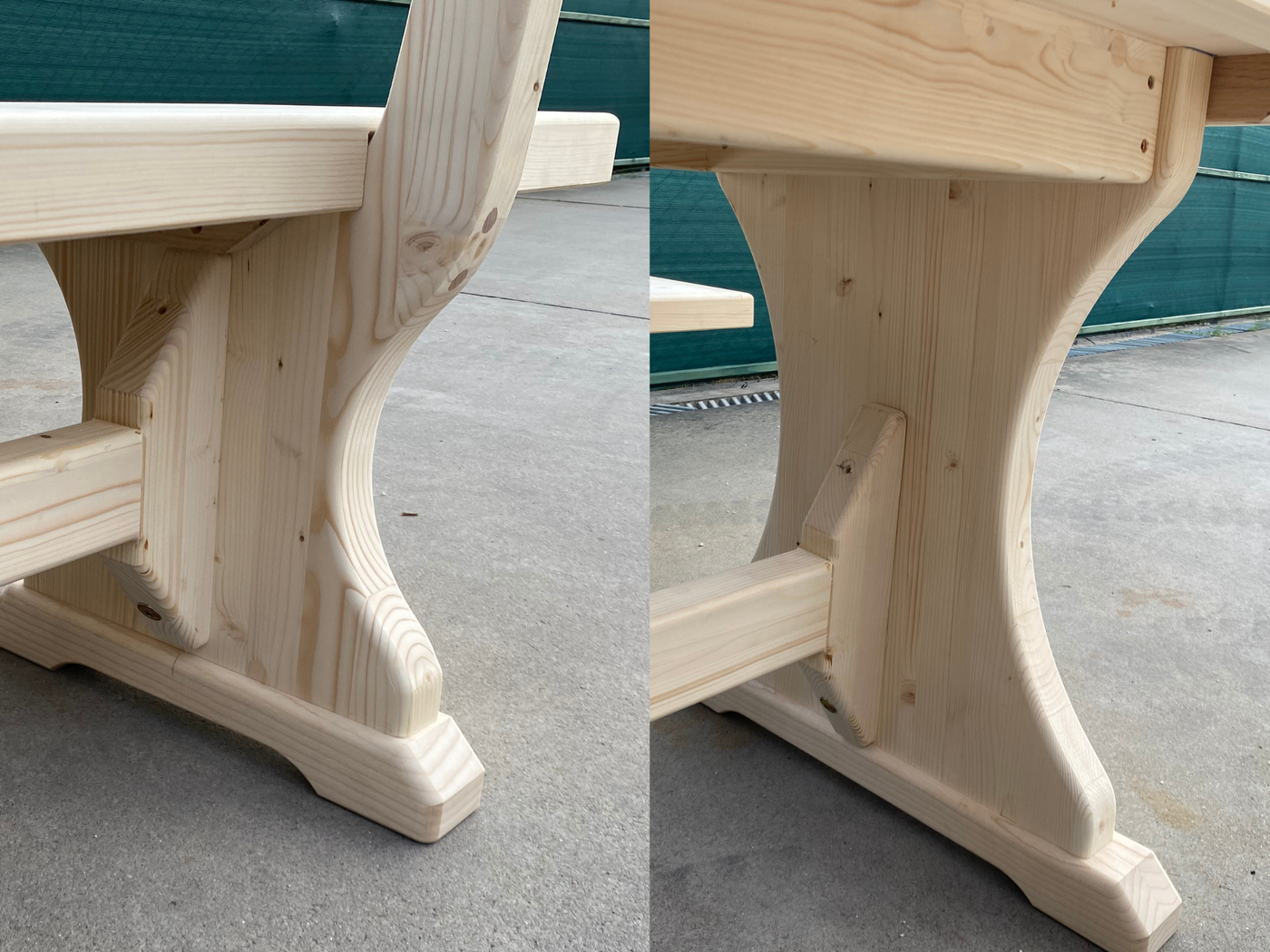 Nahaufnahme der Holzverbindungen an Tisch und Bänken. bewerte Technik - Zimmerer / Schreiner - Arbeit in Einzelfertigung.