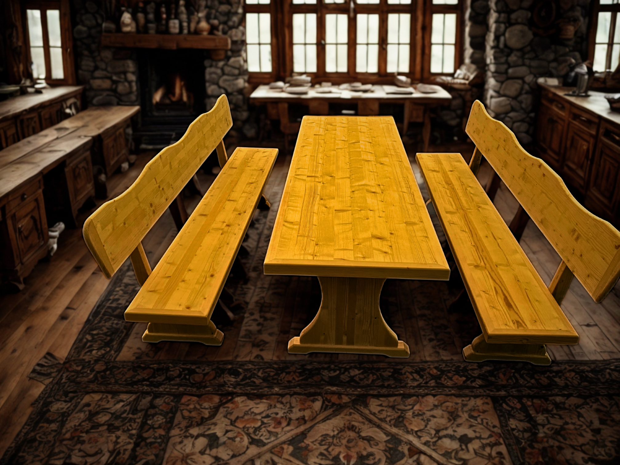 sehr massiv und rustikal gebaute Sitzgruppe / Sitzgarnitur für privaten und gewerblichen gebrauch. Ein Blickfang in jedem Raum, ob Esszimmer, Gartenlaube, Terrasse, Jagdhütte oder auch Gastwirtschaft.