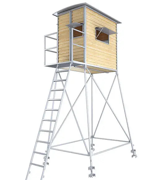 Es handelt sich hier um Schlafkanzel 5 Meter – inkl. Unterbau, Leiter und Podest mit Geländer aus verzinktem Metall für die Jagd.