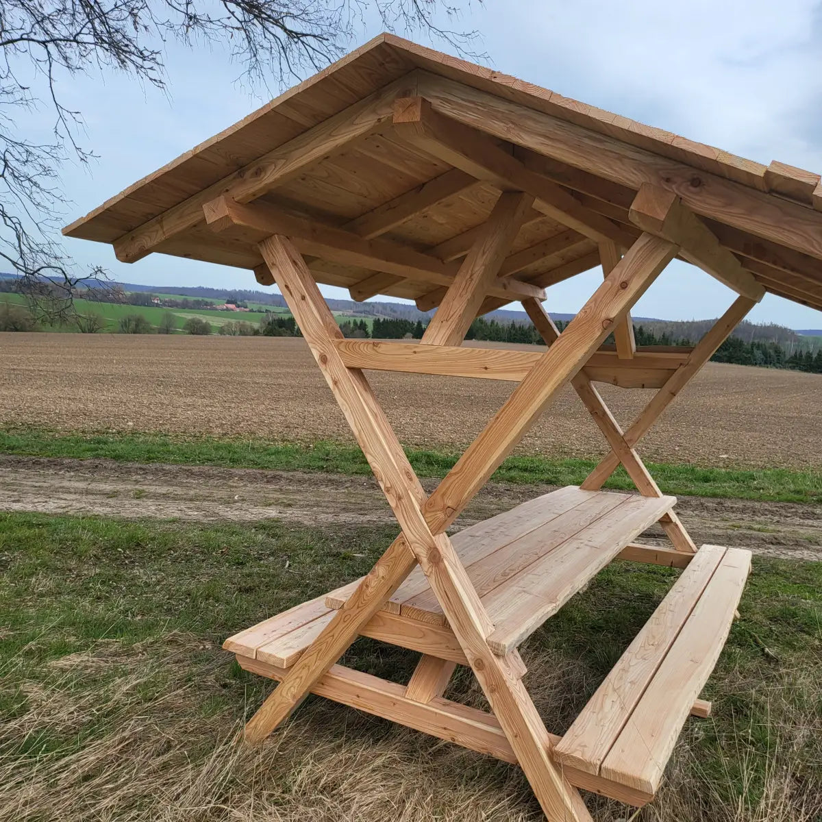 Sitzraufe (Überdachte Sitzgruppe) für 10 Personen für den Garten (Holzart wetterbeständige, langlebige Lärche - sehr massiv und stabil gebaut)