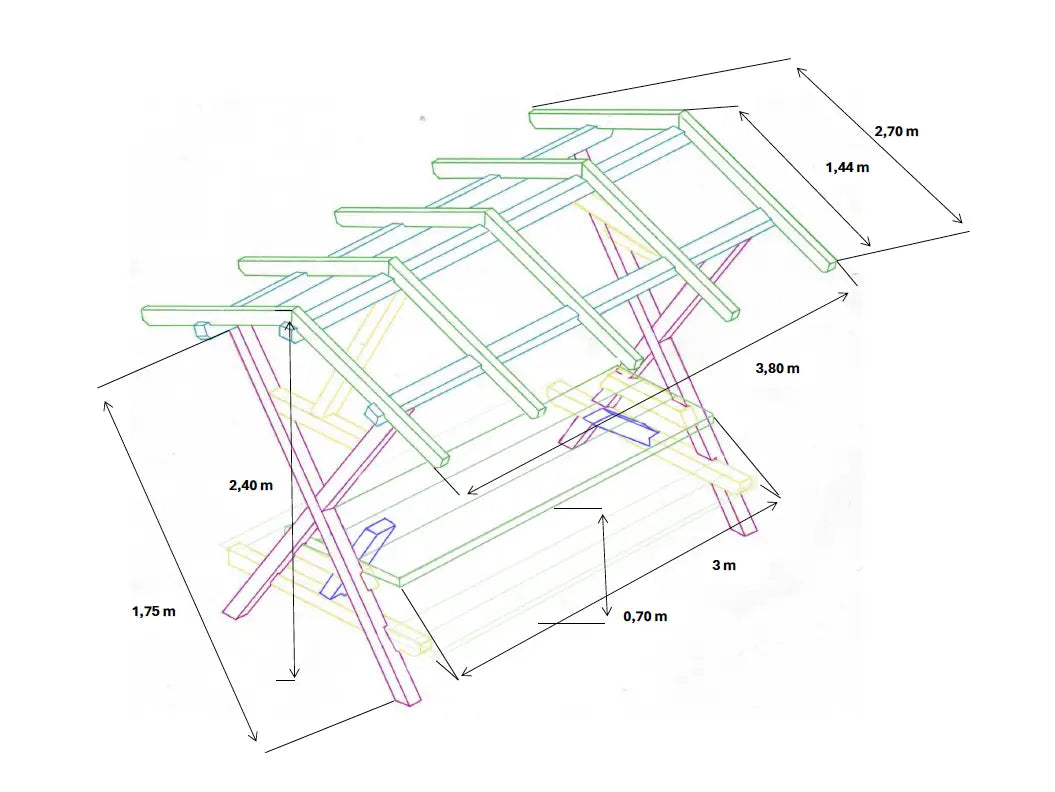 Technische Zeichnung mit Maßen der Sitzraufe (Überdachte Sitzgruppe) für 10 Personen für den Garten (Holzart wetterbeständige, langlebige Lärche - sehr massiv und stabil gebaut)