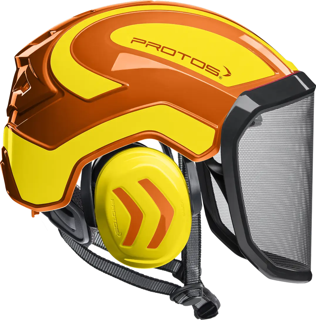 Es handelt sich hier um Schutzhelm Protos Integral Arborist - Orange-Neongelb für die Jagd.