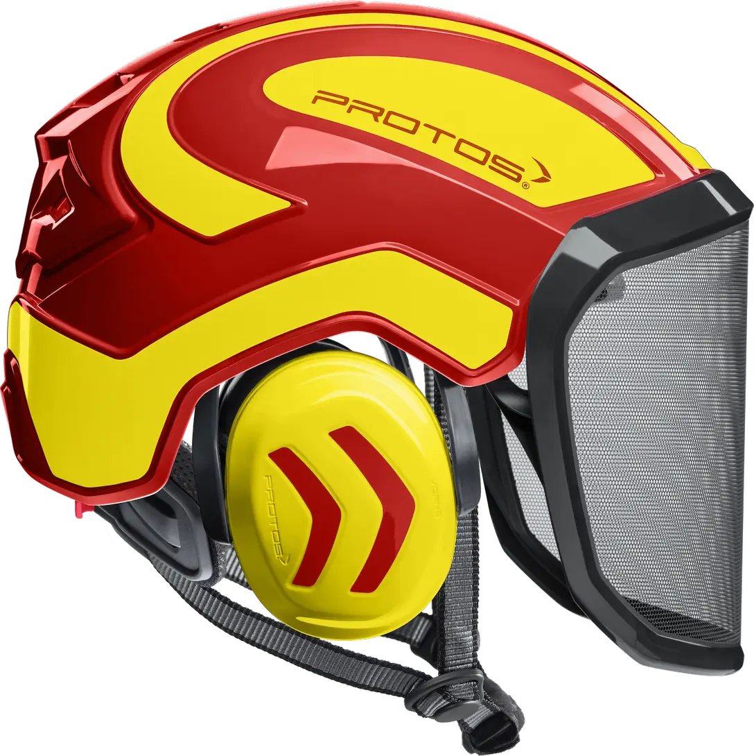 Es handelt sich hier um Schutzhelm Protos Integral Arborist - Rot-Neongelb für die Jagd.