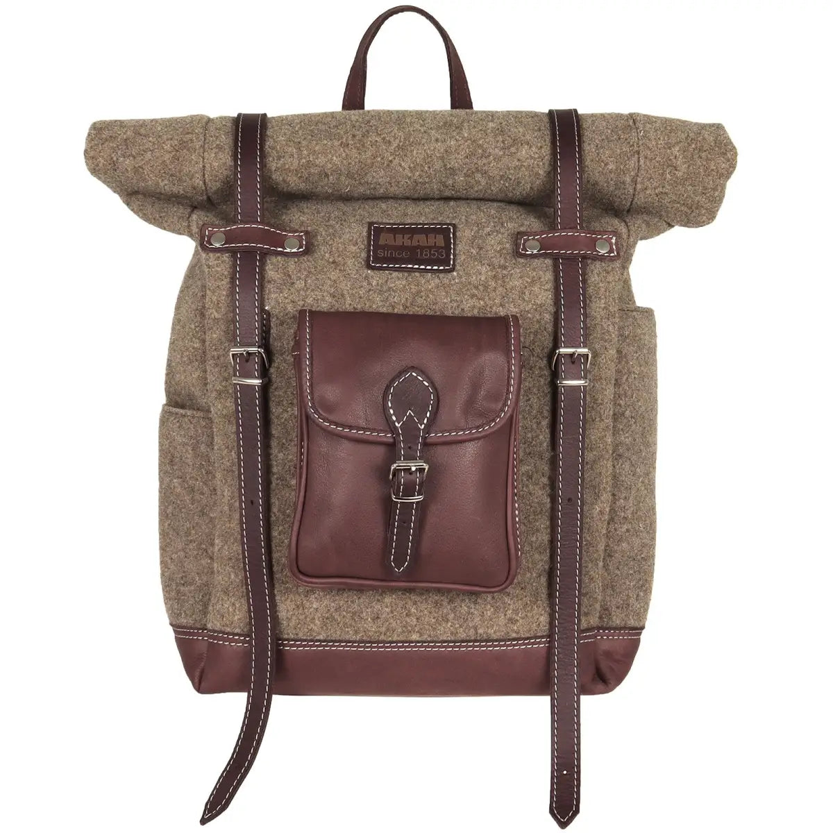 Es handelt sich hier um AKAH Rolltop-Rucksack aus Wollfilz und Olivenleder für die Jagd.