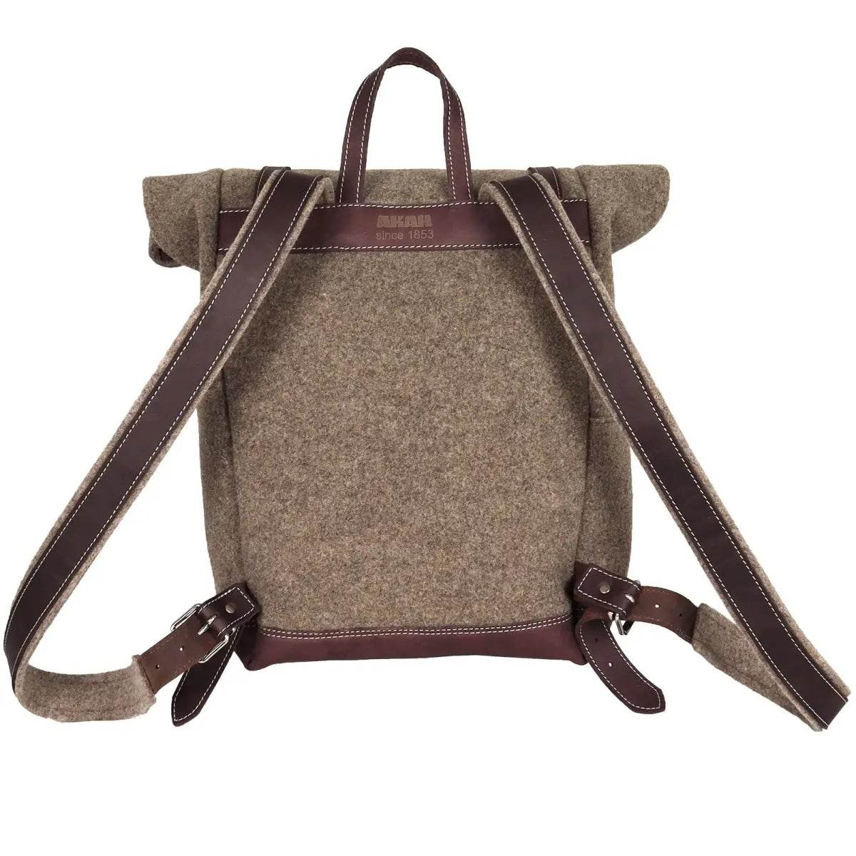 Es handelt sich hier um AKAH Rolltop-Rucksack aus Wollfilz und Olivenleder für die Jagd.