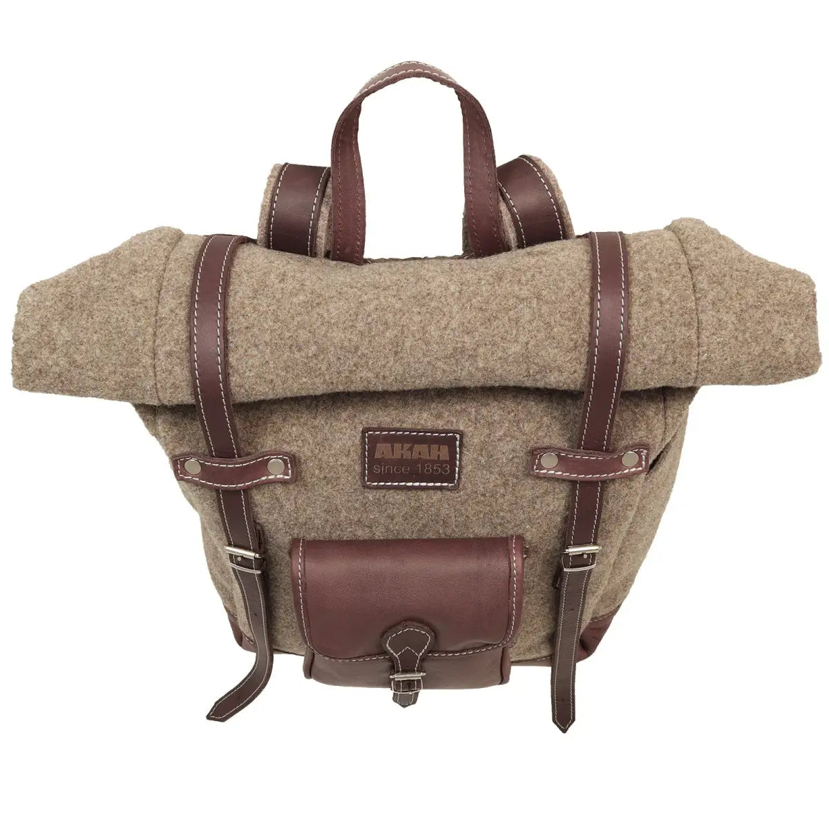 Es handelt sich hier um AKAH Rolltop-Rucksack aus Wollfilz und Olivenleder für die Jagd.