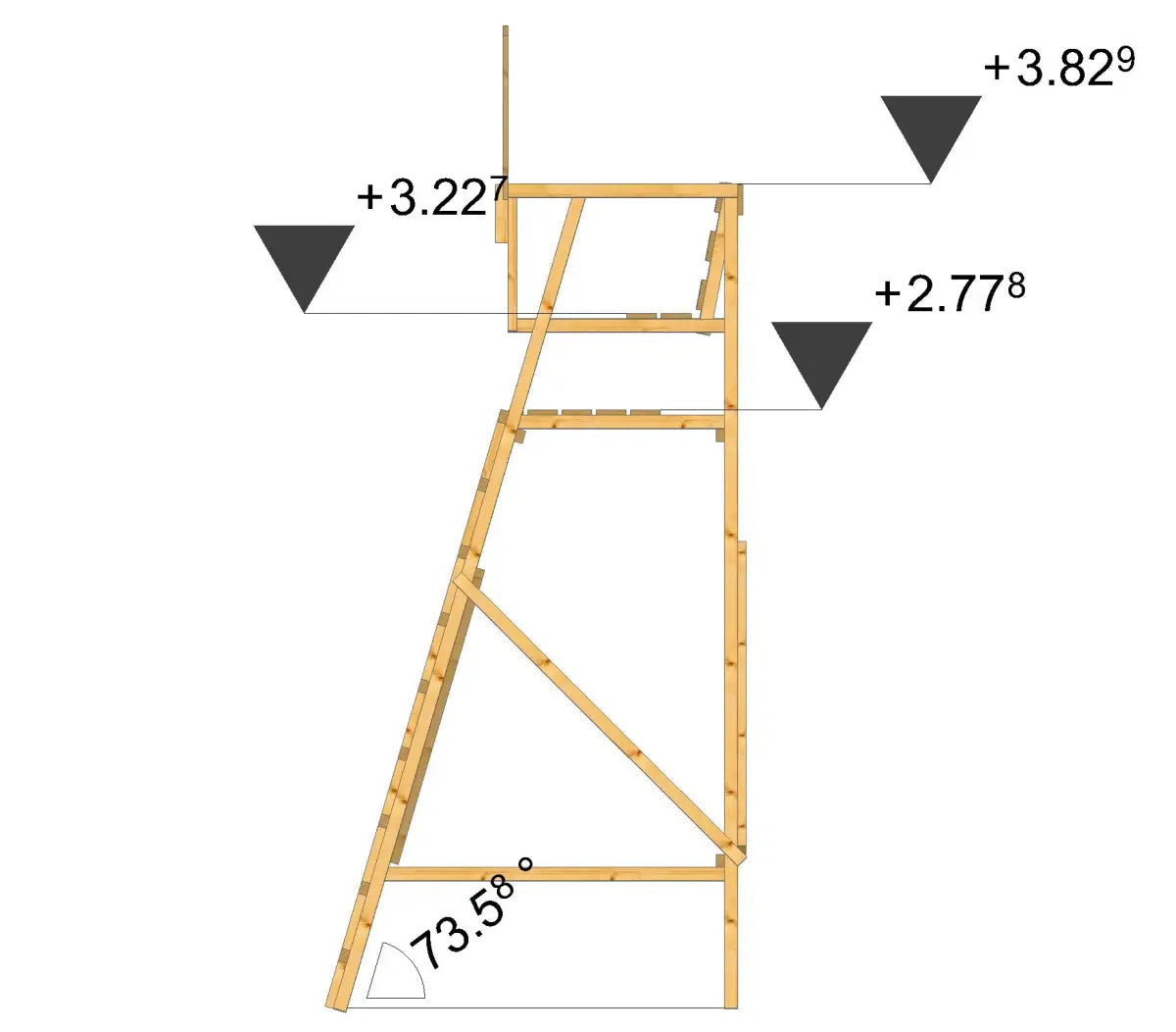 Konstruktionszeichung mit Maßen, Drückjagdbock DBS, ohne Dach, sehr standsicher, Drückjagdleiter für die Jagd.