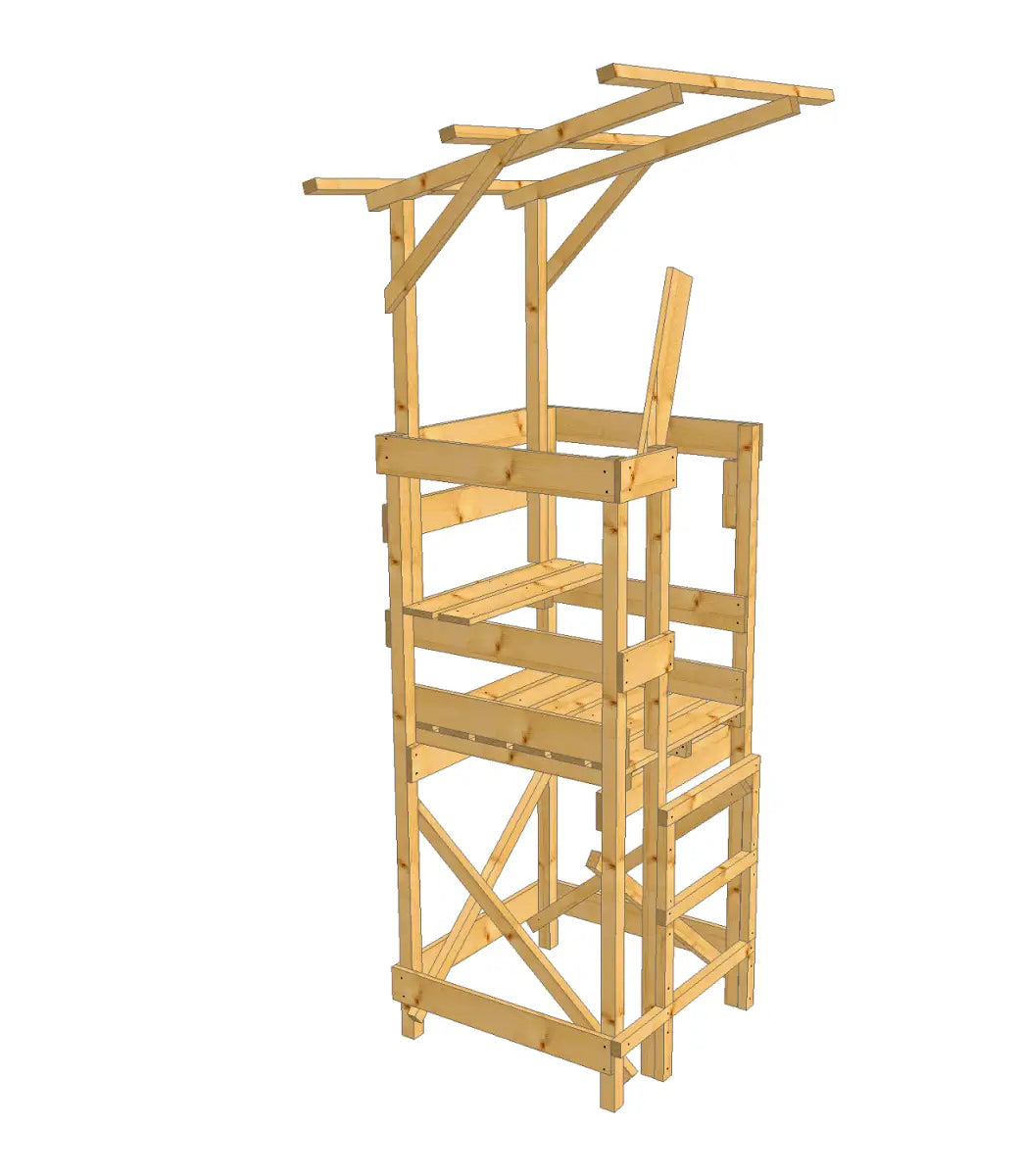 Dachkonstruktion für Ansitzbock Drückjagdbock DB für die Jagd. Auf der Darstellung sieht man das Dach bereits auf dem Sitz montiert