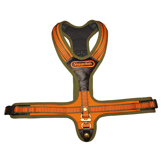 Schweißhundegeschirr Follow 2 in olive-orange von Niggeloh, für den Jagdhund.