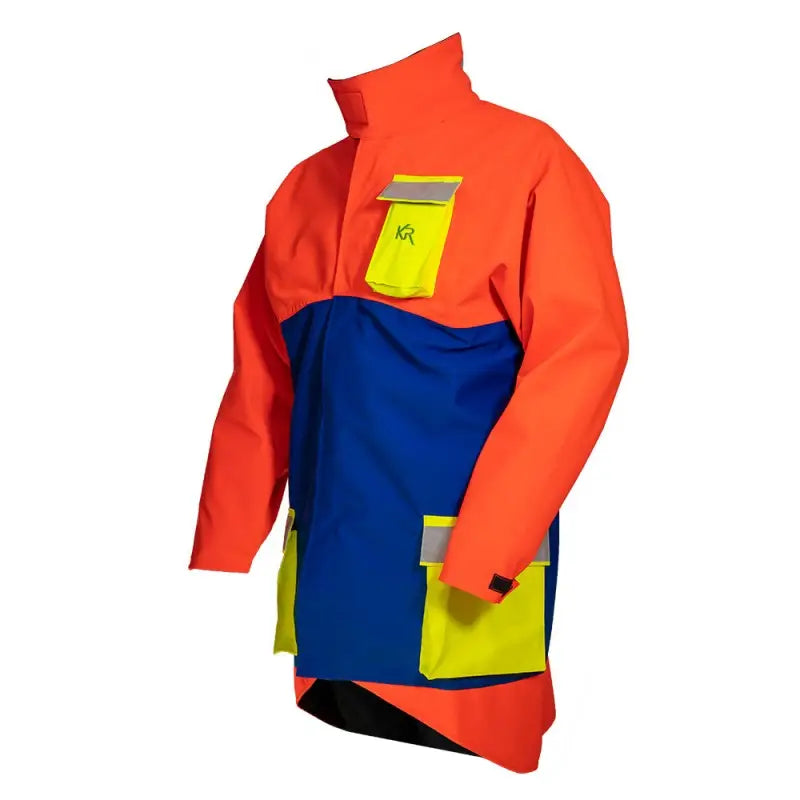 Es handelt sich hier um Kruedener Hundeführer-/ Durchgehjacke warnrot/blau/gelb für das Hundetraining.