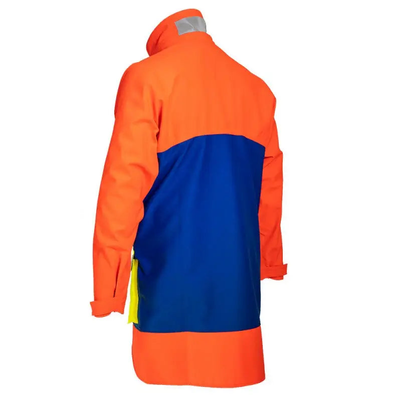 Es handelt sich hier um Kruedener Hundeführer-/ Durchgehjacke warnrot/blau/gelb für das Hundetraining.
