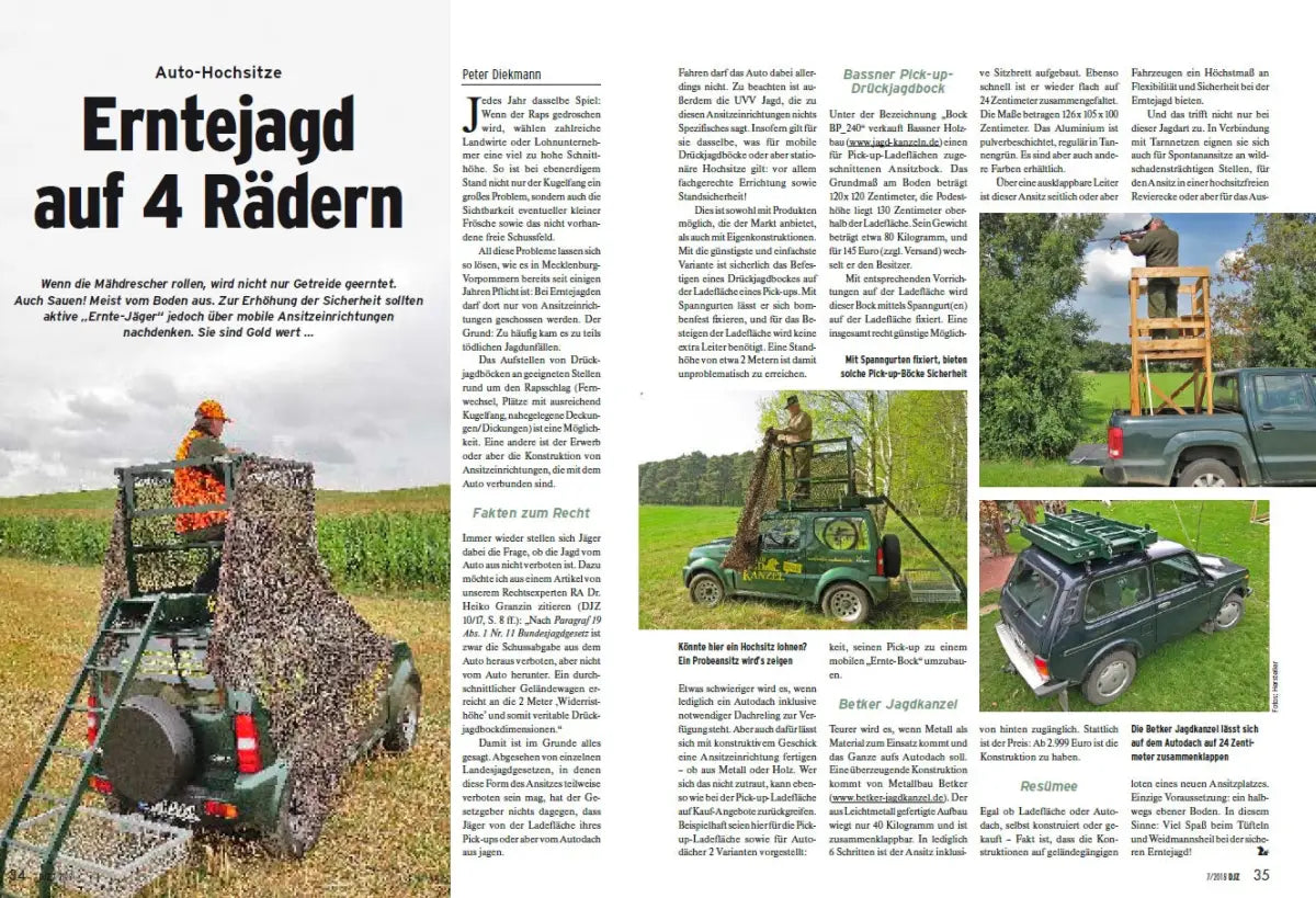 Es handelt sich hier um Presse - Bericht über Mobile Jagdkanzel Betker / Drückjagdbock für Dachgepäckträger für die Jagd.