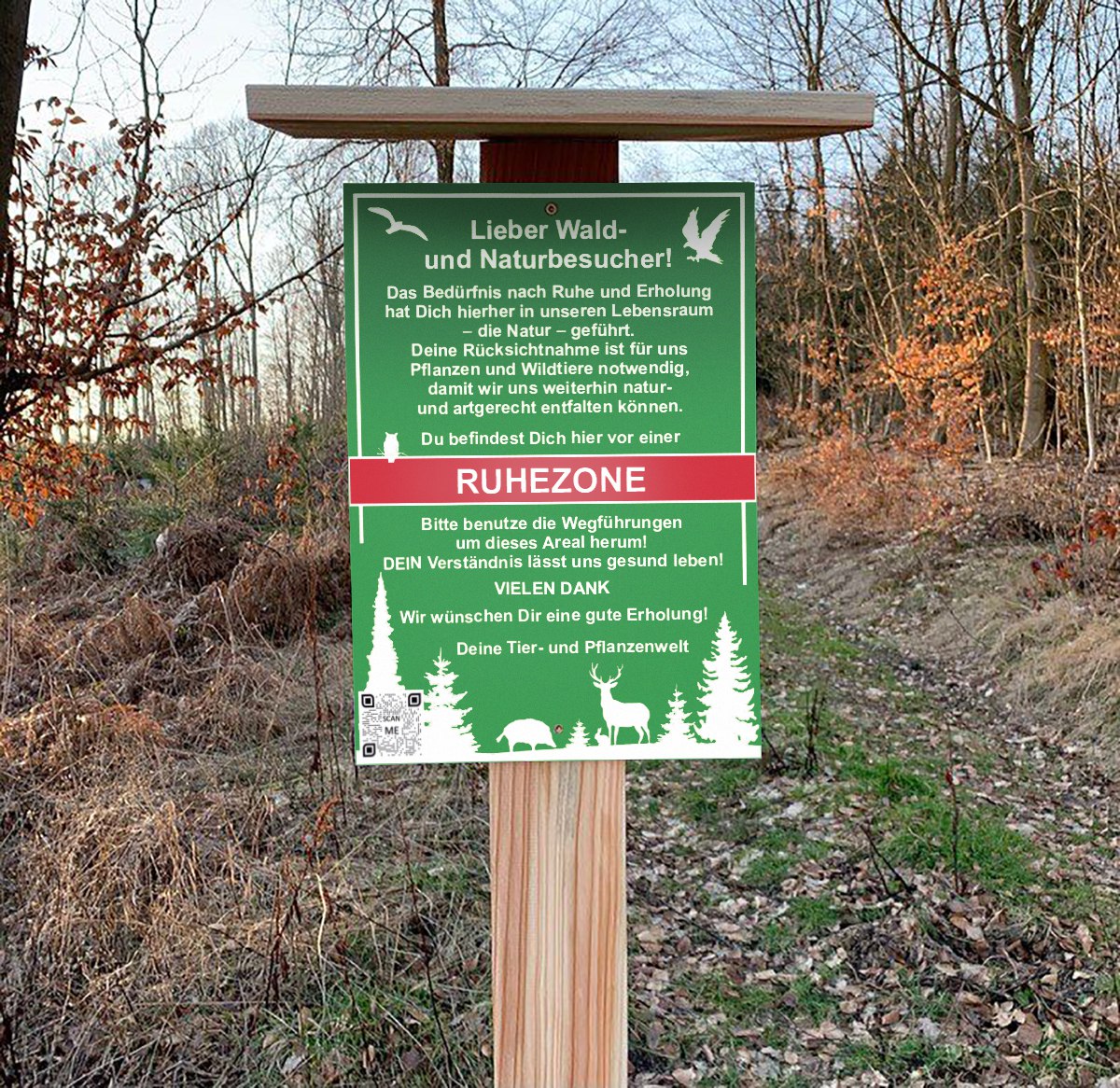 Es handelt sich hier um Schild „Ruhezone“ - mit Standard QR-Code (6mm) für die Jagd.
