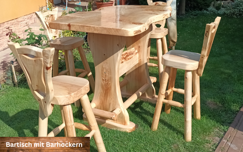 Bartisch mit Barhocker, Massivholz, rustikal, edel verarbeitet, 3 fach mit Speziallack Endbehandelt, für den überdachten Außenbereich (Outdoor) in. naturhell oder haselnussbraun