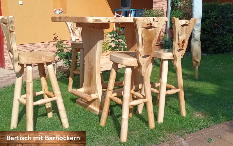 repräsentativer Bartisch mit Barhocker, Massivholz aus Schwarzpappel, rustikal, edel verarbeitet, 3 fach mit Speziallack Endbehandelt, elegant 