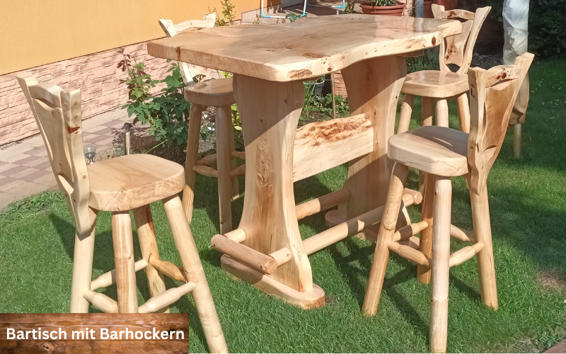 Bartisch mit Barhocker, Massivholz, rustikal, edel verarbeitet, Speziallack für den Überdachten Außenbereich (Outdoor) in. naturhell oder haselnussbraun