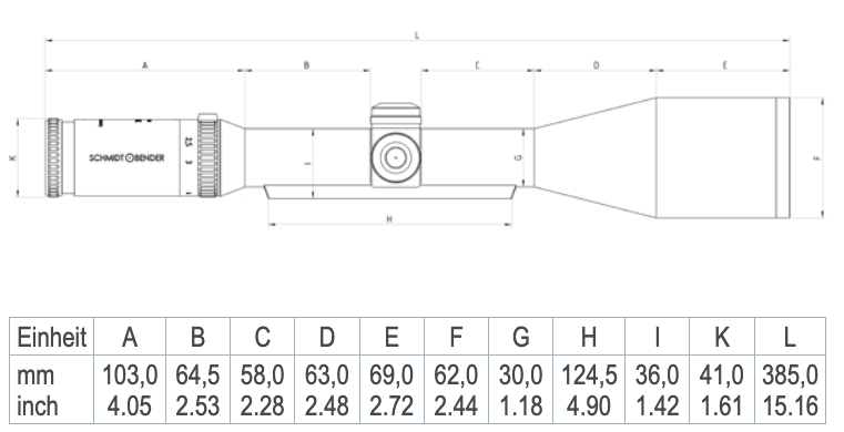 Es handelt sich hier um Abmaße vom Zielfernrohr 2.5-10x56 Klassik Schmidt & Bender für die Jagd.