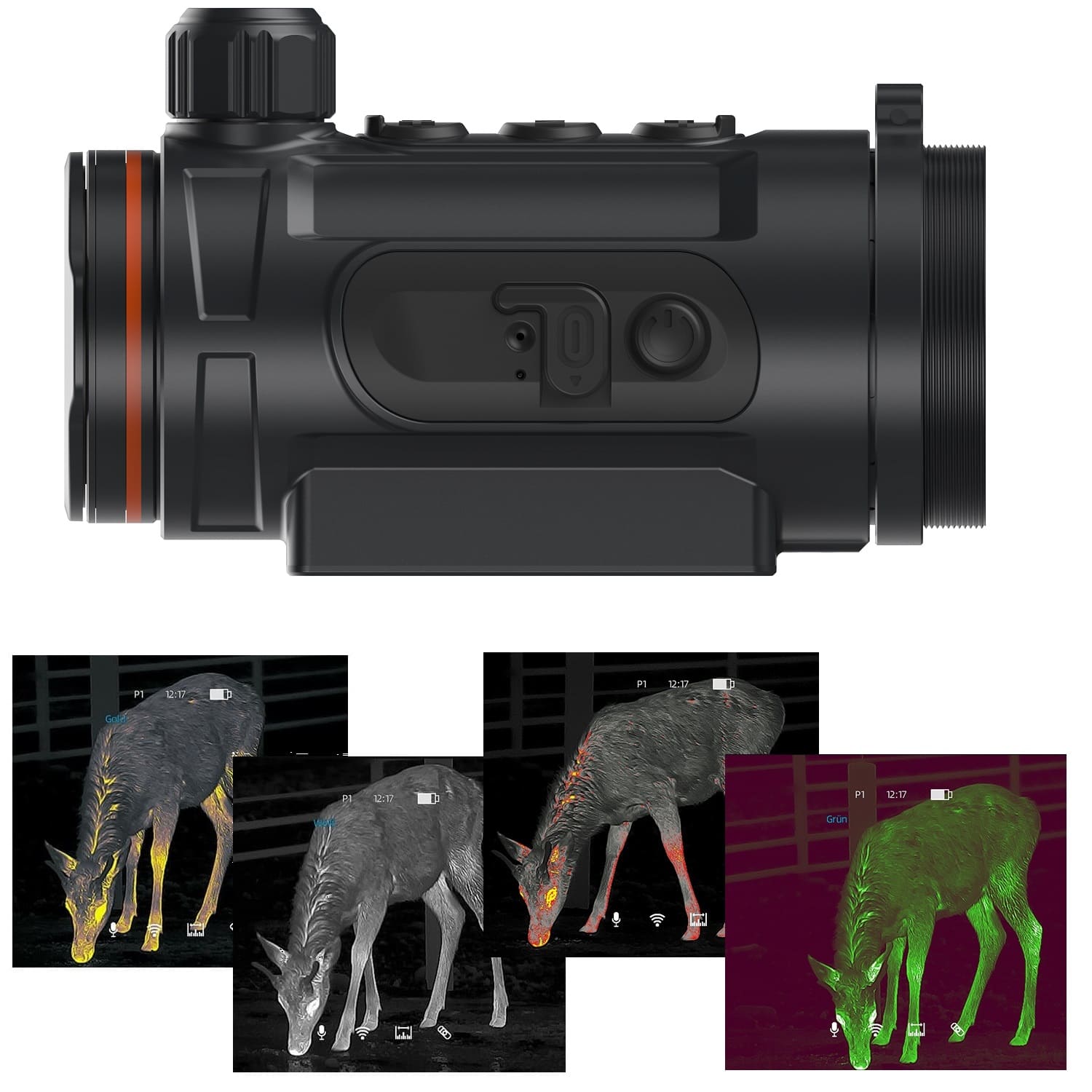 Es handelt sich hier um Hunt335 Wärmebild-Vorsatzgerät von ThermTec für die Jagd.