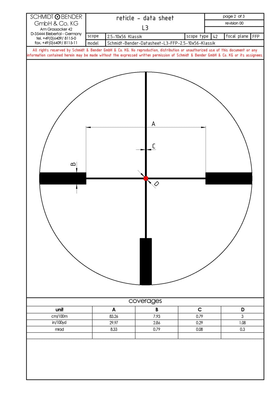 Es handelt sich hier um Absehen vom Zielfernrohr 2.5-10x56 Klassik Schmidt & Bender für die Jagd.