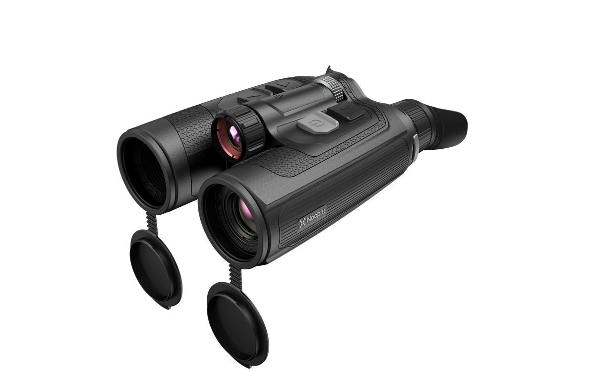 NOCPIX OMNI L19R 8K-Multispektral-Fernglas – Produktansicht mit Zubehör und Tragegurt