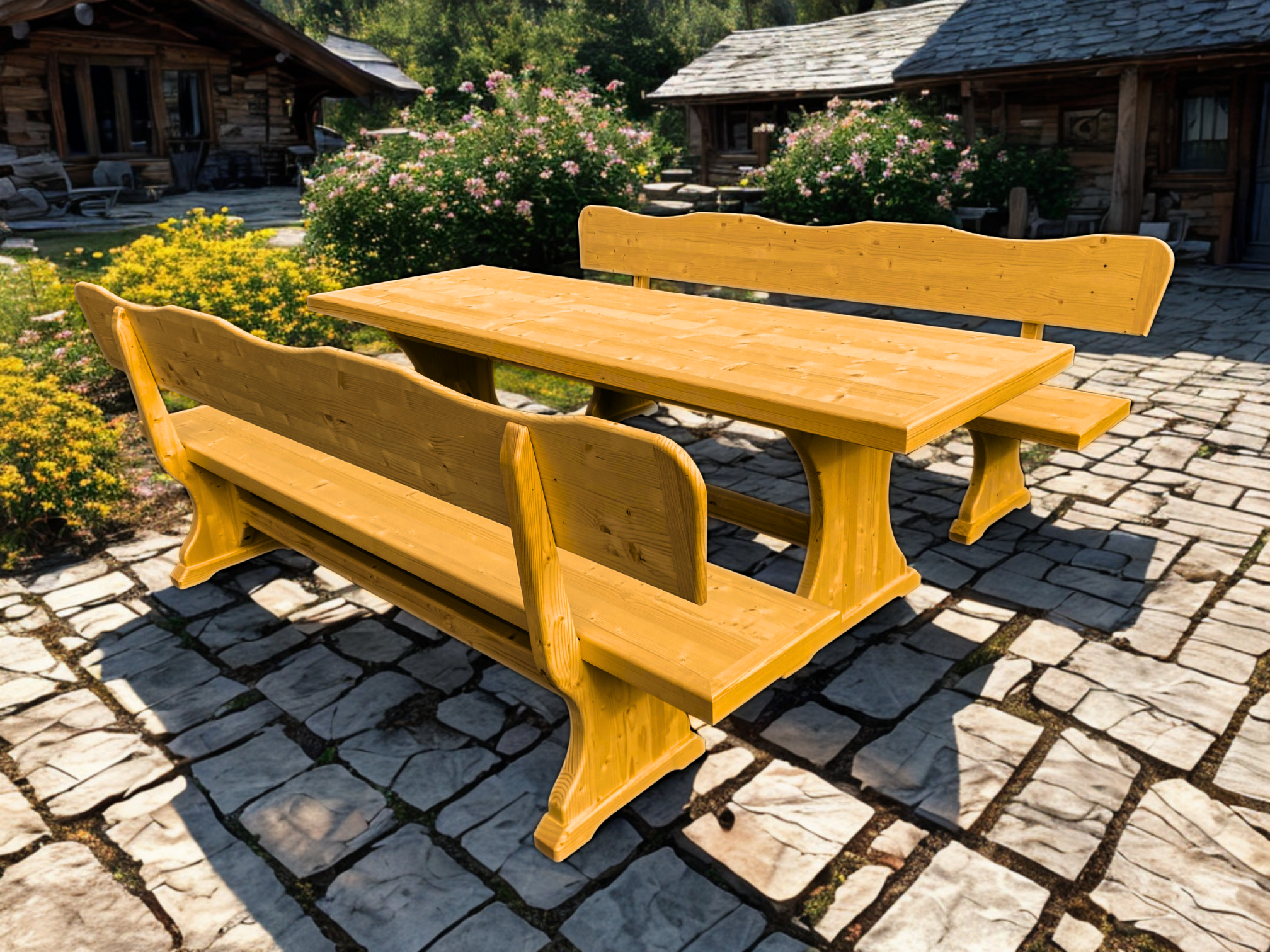 rusikale sehr massiv gefertigte Sitzgruppe, bestehend aus 2 x Bank und 1 x Tisch für bis zu 12 Personen