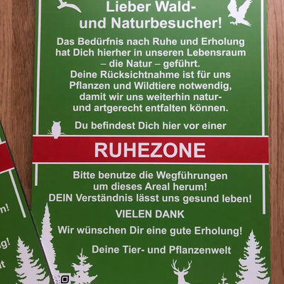 Es handelt sich hier um Schild „Ruhezone“ - mit Standard QR-Code (6mm) für die Jagd.