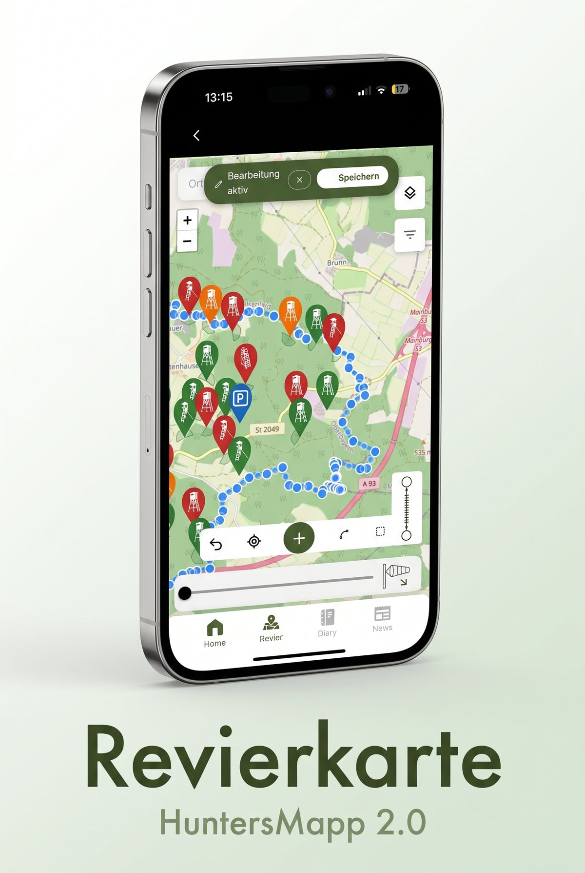 HuntersMapp 2.0 – Revierkarte mit Hochsitz-Markern und Reviergrenze