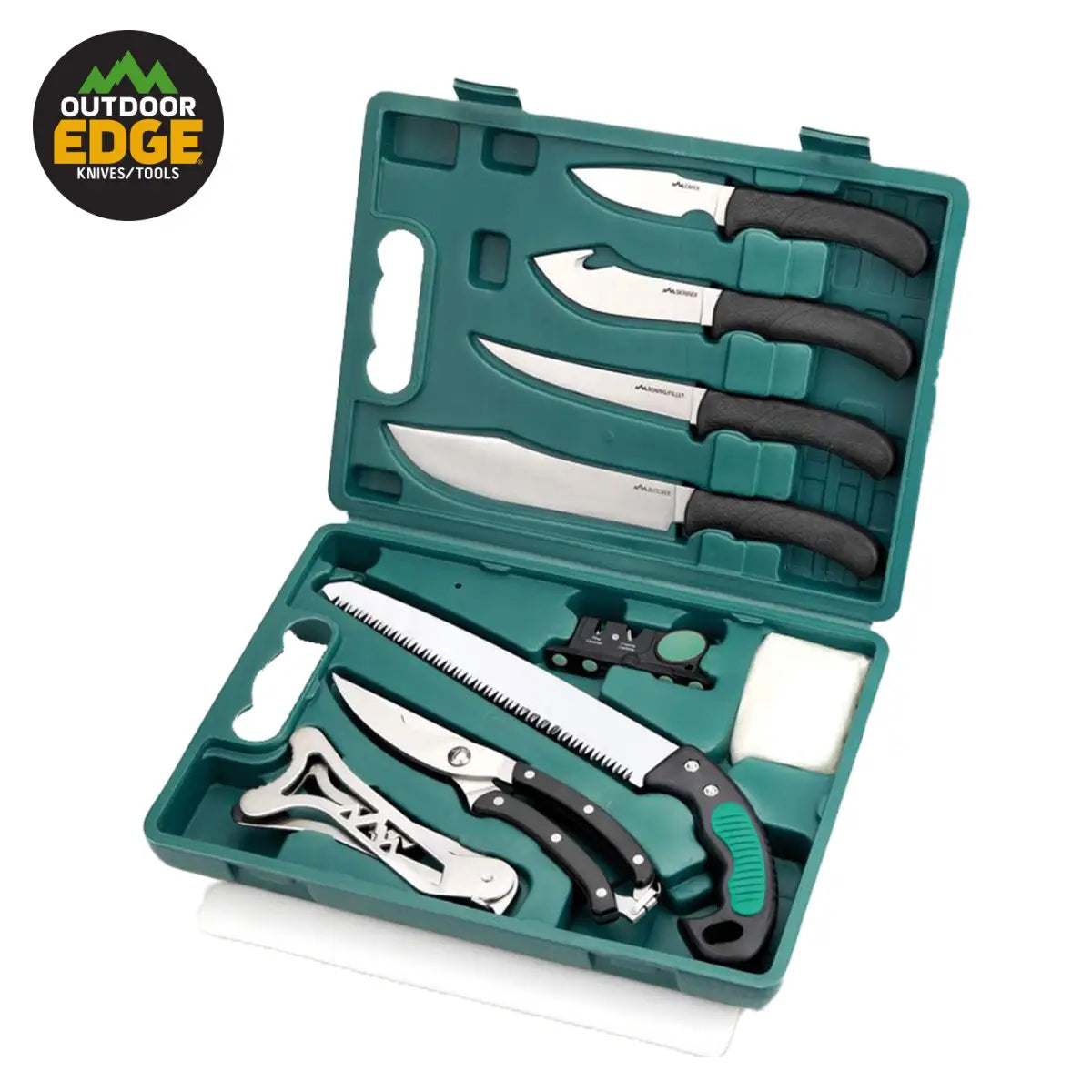 OUTDOOR EDGE Game Pro Zerwirkset – 10-teilig: Skinner, Caper, Fleischmesser, Säge, Ausbeinmesser, Geflügelschere, Spreizer, Schneidbrett, Einweghandschuhe und Messerschärfer.