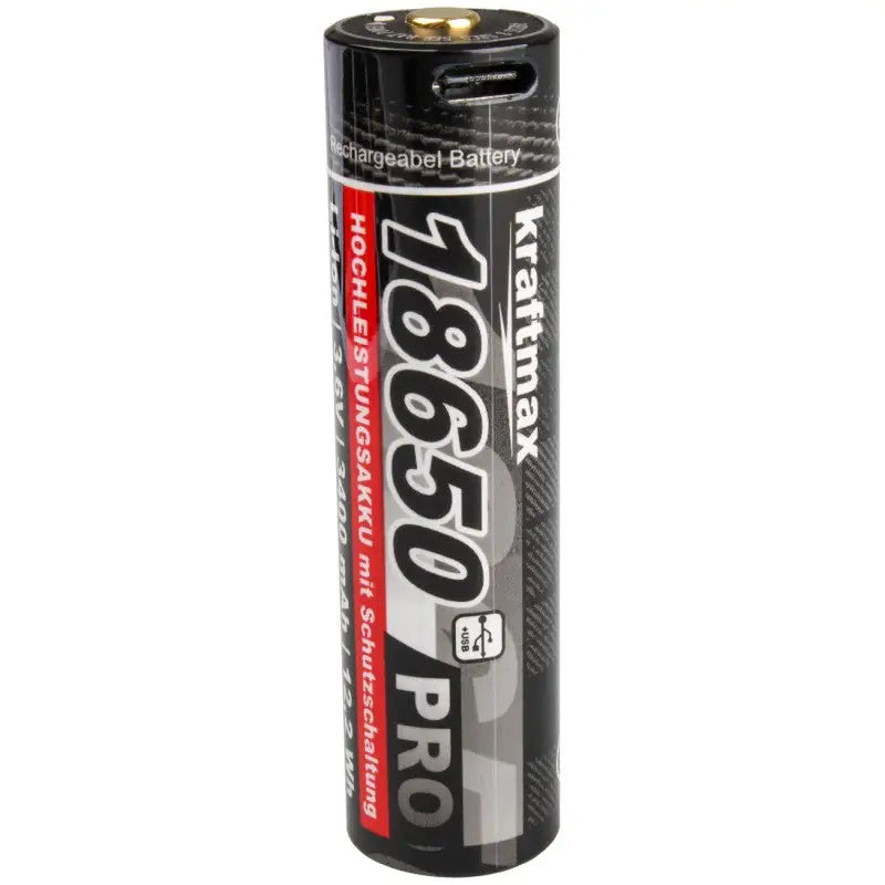 Es handelt sich hier um Kraftmax Pro Li-Ion Akku Typ 18650 3,6V/ 3400mAh mit USB-C Ladebuchse für Nachtsichtgeräte für die Jagd.