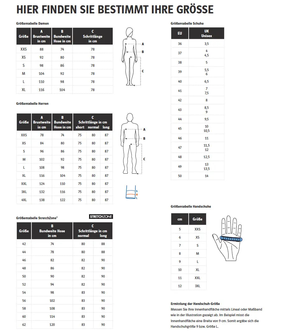 Größentabelle für Pfanner Hosen, Schuhe, Jacken und Handschuhe.