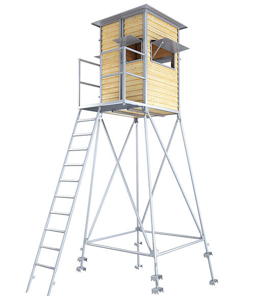 Es handelt sich hier um Kanzel 3 Meter – inkl. Unterbau, Leiter und Podest mit Geländer aus verzinktem Metall für die Jagd.