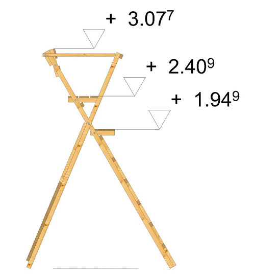Es handelt sich hier Zeichnung der Scherenleiter SL 307 cm Höhe aus Lärche, Drückjagdleiter für die Jagd.